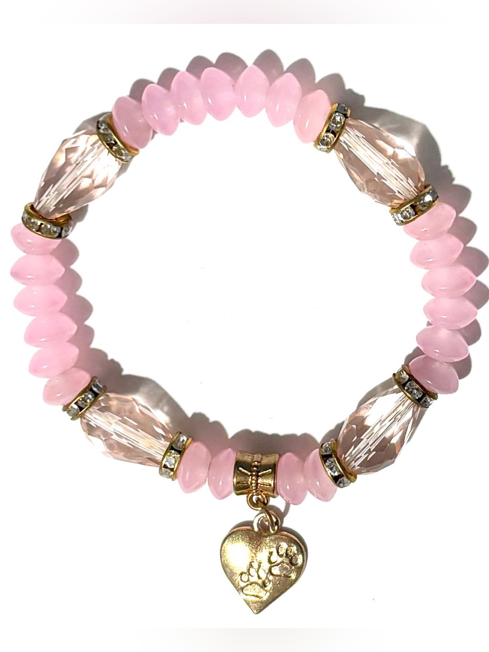 Vintage Pink Beaded Stretch Bracelet with Gold Tone Paw Print Heart Charm